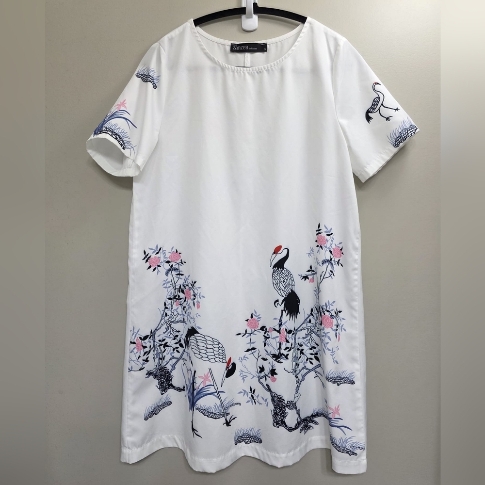 White Dress with Crane and Floral Design